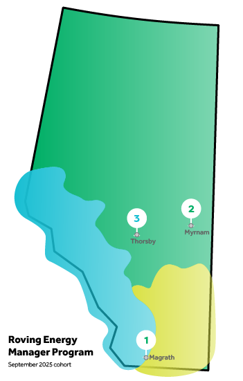 Map illustration of the province of Alberta with Magrath, Thorsby, and Myrnam flagged.