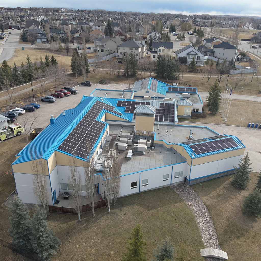 Aerial view of Okotoks Fire Hall 1 solar PV system